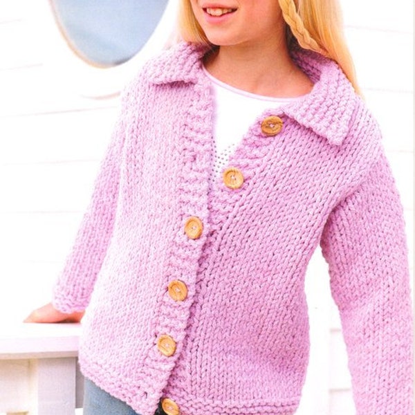 Easy Quick Girls Plain Collar Jacket Cardigan  22" - 32" (1- 12 yrs) - Super Bulky / Super Chunky Wool 14 Ply  Knitting Pattern PDF download