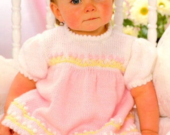 Baby Girls Short Puff Sleeve Dress Picot Edge Embroidered Flowers 18"- 22"  ~ DK 8 Ply Light Worsted Knitting Pattern PDF Instant download