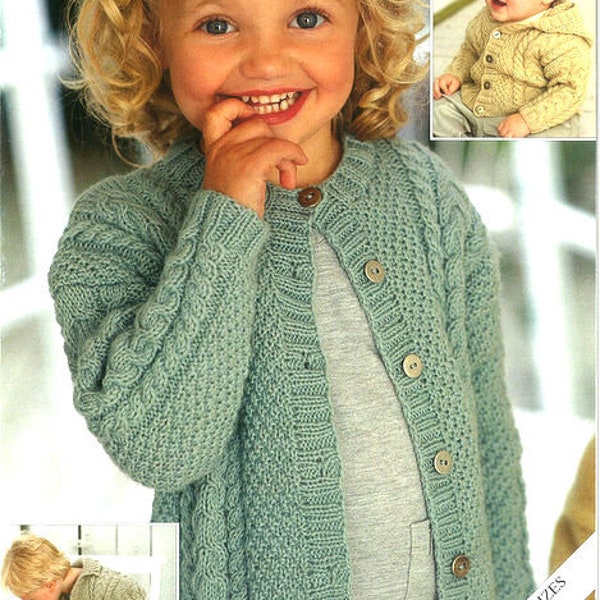 Childrens Toddlers Baby Cable & Moss Stitch Jackets Collar Hood 16-26" 0 - 6 years~ DK Wool 8ply Light Worsted Knitting Pattern pdf Download