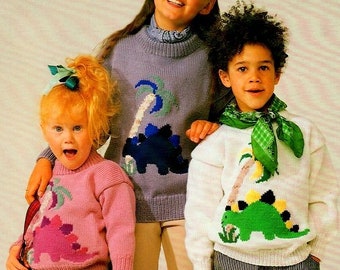 Child's Dinosaur Stegosaurus Motif Round Neck Sweater 22-30" ~ DK 8 Ply Light Worsted Knitting Pattern pdf Instant Download