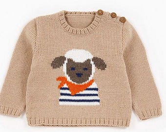 Sheep Lamb Motif Round Button Neck Sweater Jumper   18"- 21"  6mths - 3 yrs ~ DK 8 Ply Light Worsted Knitting Pattern pdf  download