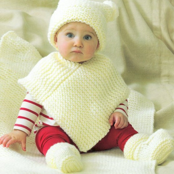 Easy Baby Poncho Garter Stitch Hat Bootees Blanket 18" - 26 "Chunky Wool 12 Ply Knitting Pattern PDF Instant download