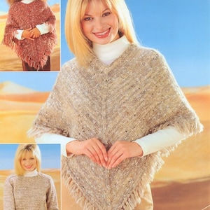 May include: Three women wearing different styles of knitted ponchos. The ponchos are all beige and brown with a fringe trim. The text "Knitted from 1 ball" is visible in the bottom right corner of the image.