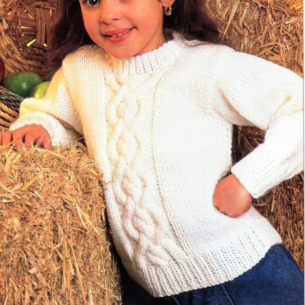 Chunky Round Neck Cable Panel Sweater Set In Sleeve Girls Boys  24" - 32" Chunky Wool 12 Ply Knitting Pattern pdf Instant Download