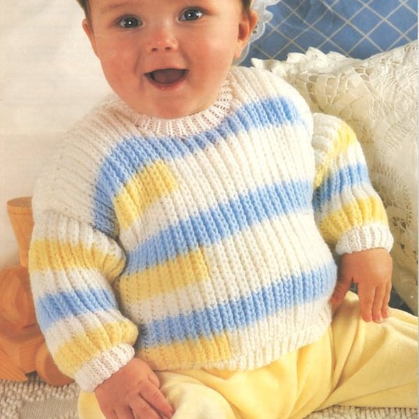 Baby Fishermans Rib Round Neck Sweater Jumper Stripe Ribbed 18"- 24" (6 -18 mths) ~ DK 8 Ply Light Worsted Knitting Pattern pdf  download