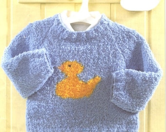 Baby Duck Motif Raglan Round Neck Sweater Jumper 16"- 22"  (0 - 2 years) ~ DK 8 Ply Snowflake  Knitting Pattern pdf instant download