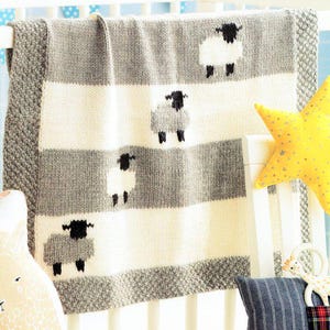 Sheep Lamb Motif Striped Baby Cot Blanket Afghan Intarsia 23 x 21"  ~ Aran 10 Ply Worsted Knitting Pattern PDF Digital Download