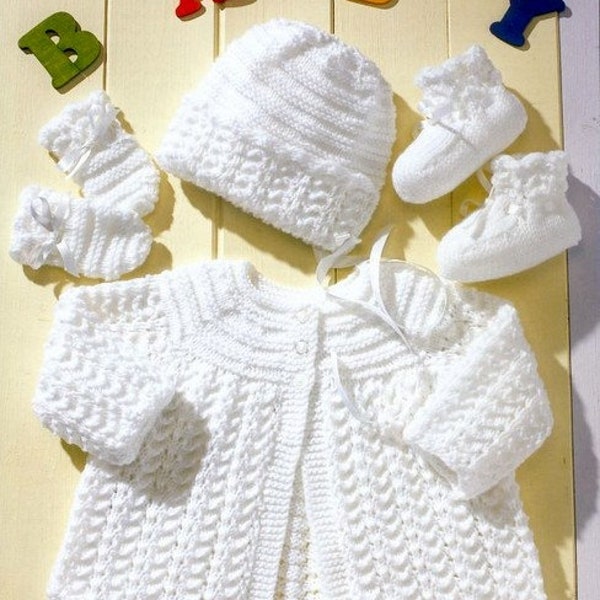 Baby Matinee Jacket Coat Bonnet Bootees & Mitts Yoked Lacy Textured  14" - 20" Dk 8 Ply Light Worsted Knitting Pattern PDF Instant Download.