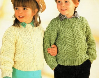 Childrens Aran Cable Sweater Jumper Round Neck Boys Girls  20" - 28"   Aran 10 Ply Worsted Knitting Pattern pdf  Download