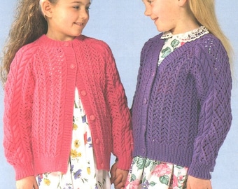 Girls Lacy Raglan Cardigan Jacket V & Round Crew Neck  20-30" ~ DK Wool 8ply Vintage Knitting Pattern pdf Instant Download