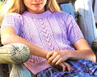 Girls Summer Top Short Sleeve Top Sweater Round Neck Lace Panels Cropped  24-32" ~ DK wool 8ply Light Worsted Knitting Pattern pdf  Download