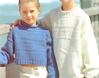 Childrens Guernsey Textured Roll Neck Long or Short Sweaters Drop Sleeve 22-32" DK 8 Ply Light Worsted Knitting Pattern pdf Instant Download