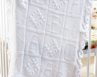 Easy ABC Bobble Diamond Motif Baby Blanket Quilt Afghan Leaf Edging ~ DK 8 Ply Light Worsted Knitting Pattern PDF Instant Down load