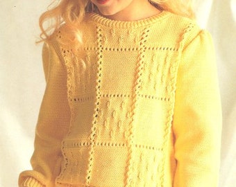 Girls Patchwork Textured Round Neck Sweater Pullover Jumper  6 - 10 years  Sport Weight Yarn Knitting Pattern pdf  Download