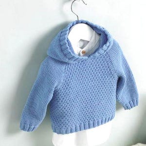 May include: A baby blue knitted hoodie with long sleeves, displayed on a white hanger. The hoodie features a textured pattern and is layered over a white collared shirt with a buttoned neckline. The garment is designed for children.