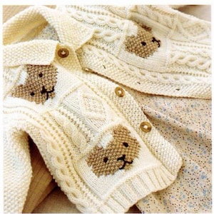 Aran Style Teddy Bear Motif Jacket Cardigan Collar Cable 24"- 28" ~  4 Ply Baby Cashmerino  Pattern pdf instant download