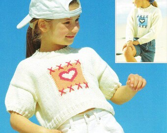 Girls Sweater Top Long & Short Sleeve Heart Motif Embroidery  22"-32" ~ 2 - 12 Years ~ DK 8 Ply Light Worsted Knitting Pattern pdf  Download