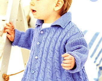 Baby Girls Cable Swing Jacket or Double Breasted Coat Collar 14 - 22" ( 0 - 3 Yrs) DK 8 Ply Light Worsted Knitting Pattern PDF download
