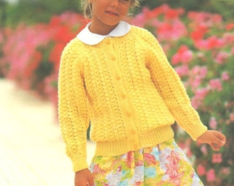 Girls Lacy Raglan Cardigan Jacket Round Neck  20-30" ~ DK Wool 8ply Vintage Knitting Pattern pdf Instant Download