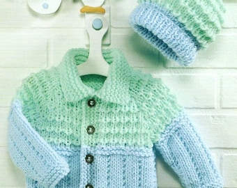Easy Chunky Jacket Collar & Bobble Hat Baby Boys Girls 18" - 26" Chunky Bulky 12 Ply  Knitting Pattern PDF Instant download
