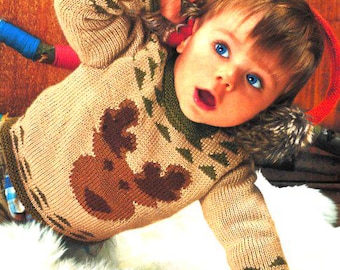 Baby Rudolph Reindeer Sweater Pullover Jumper Round Neck Christmas  3 - 24 mths DK 8 Ply Light Worsted Wool Knitting Pattern PDF download