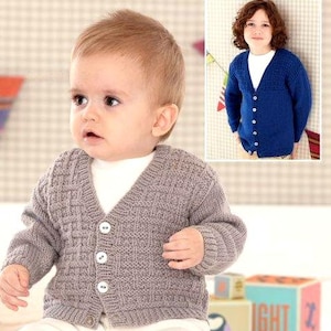 May include: Two children wearing knitted cardigans. The child on the left is wearing a grey cardigan with buttons. The child on the right is wearing a blue cardigan with buttons.