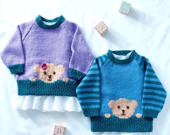 Baby Teddy Motif Raglan Round Neck Sweater Jumper 16"- 22"  (0 - 2 years) ~ 4Ply Fingering Knitting Pattern pdf instant download