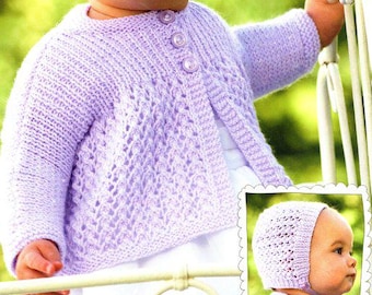Baby Girls Jacket Cardigan Rib Yoke Lace Lacy Round Neck & Lace Bonnet 18 - 22 " DK 8 Ply Light Worsted PDF Download Knitting Pattern