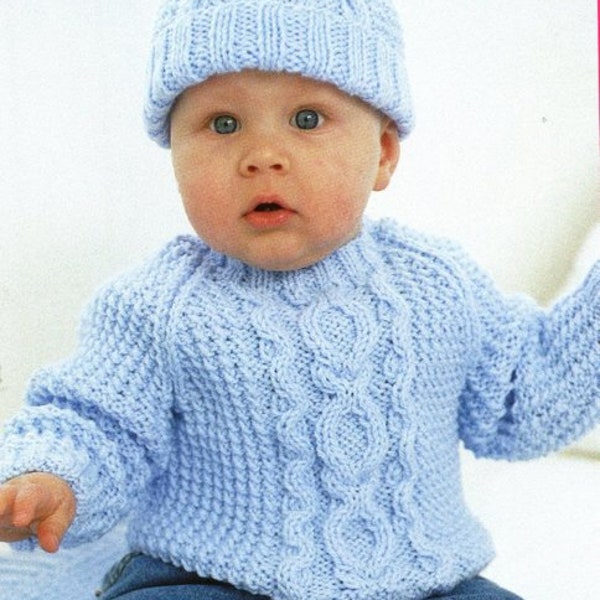 Baby Toddler Round Neck Cable Textured Sweater Blanket & Hat  Boys Girls  16-26" Aran 10 Ply Worsted Knitting Pattern pdf Instant Download