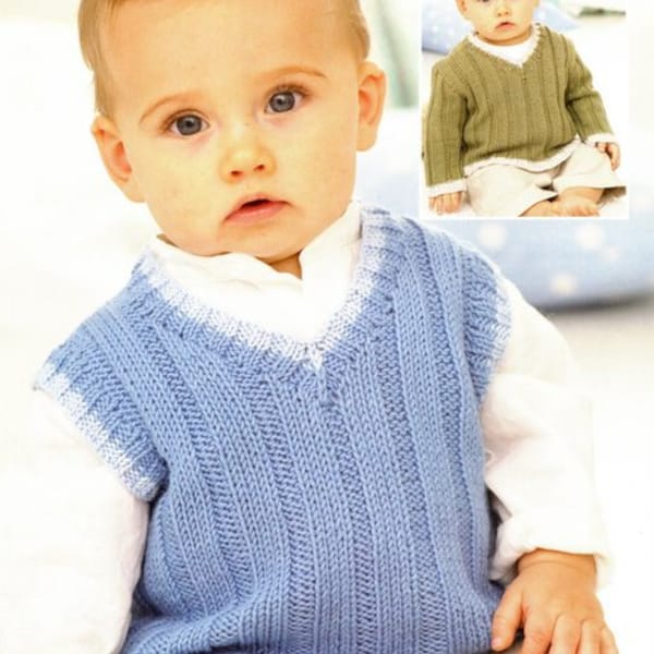 Rib Slipover Tank Top V Neck Sweater Contrast Colour Boys Girls 16 -26"  0-7 Years ~ DK 8 Ply Light Worsted Knitting Pattern pdf Download