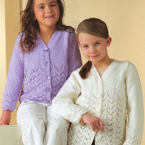 Girls Lacy V Neck Cardigan Jacket Long or Short Version 22-32&quot; ~ DK Wool 8ply Knitting Pattern pdf Instant Download