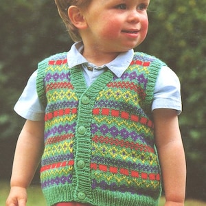 May include: A green knitted waistcoat with a colourful striped pattern. The waistcoat has a button-up front and a V-neck.