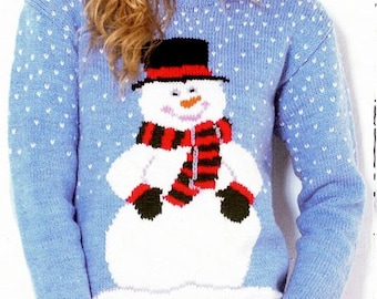 Womens Snowman Sweater Pullover Jumper Round Neck Christmas Larger Sizes 32- 54" DK 8 Ply Light Worsted Wool Knitting Pattern PDF download