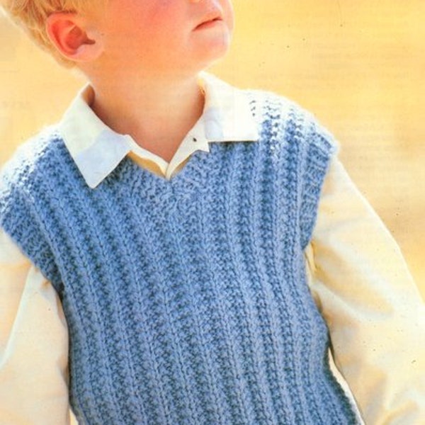 Mock Rib V Neck Slipover Sleeveless Pullover Vest Top Childrens 24"-30" Chunky 12 Ply Wool Knitting Pattern PDF instant download