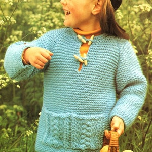 Easy Garter Stitch Sweater Front Toggle Opening & Cable Patch Pockets Boys Girls  20" - 24" Chunky 12 Ply Wool Knitting Pattern pdf download