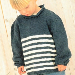 Stripey Round Neck Sweater Jumper Roll Bagel Neck Boys Girls 22&quot;- 30&quot;  ~ Cotton DK 8 Ply Light Worsted Knitting Pattern pdf  download