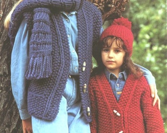 Childs Chunky Waistcoat Jacket Hat & Scarf Pockets Moss Stitch Boys Girls 24 - 30" Chunky 12Ply Knitting Pattern pdf Instant Download