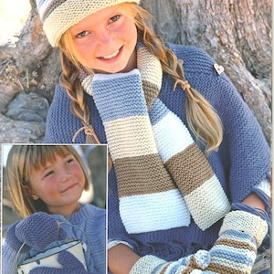 May include: A young girl wearing a blue knitted sweater, a striped scarf, and a striped hat. She is also wearing matching striped mittens. The girl is smiling and looking at the camera. Design G.
