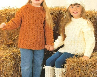 Girls Aran Long Tunic Sweater Cable Bobble Hat Cap & Socks  18" - 28"  Aran 10 Ply Worsted Knitting Pattern pdf Instant Download