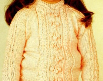Girls Raglan Sweater Cable Rib Bobble Crew Neck Button Opening 22-32" DK 8 Ply Light Worsted Knitting Pattern pdf Instant Download