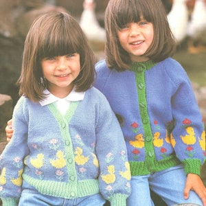 Baby Childrens Duck Motif Picture Cardigan Round & V Neck  20" - 26" 1 - 7 Years DK 8 Ply Light Worsted Knitting Pattern PDF download