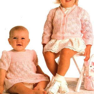Girls Lacy Dress & Cardigan Baby Toddler 16&quot;- 22&quot;  ~ 4 Ply Fingering Knitting Pattern PDF Instant download