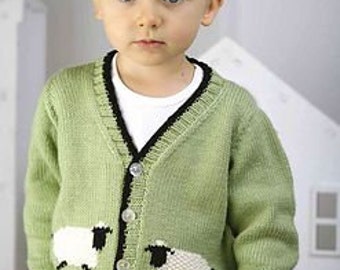 Sheep Motif Cardigan, Boys Girls, V Neck, Intarsia, 0 -5 years ~ DK 8 Ply Light Worsted Knitting Pattern Instant PDF Download