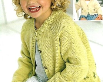 Girls Easy Round Neck Raglan Cardigan Jacket  Embroidered Flowers Childrens 16-26&quot; ~ DK Wool 8ply Knitting Pattern pdf Instant Download