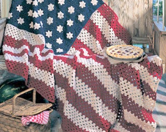 American Flag USA Stars & Stripes Patriotic Afghan Blanket Bedspread 45&quot; x 70&quot; Worsted Aran Wool Crochet Pattern PDF Instant Download
