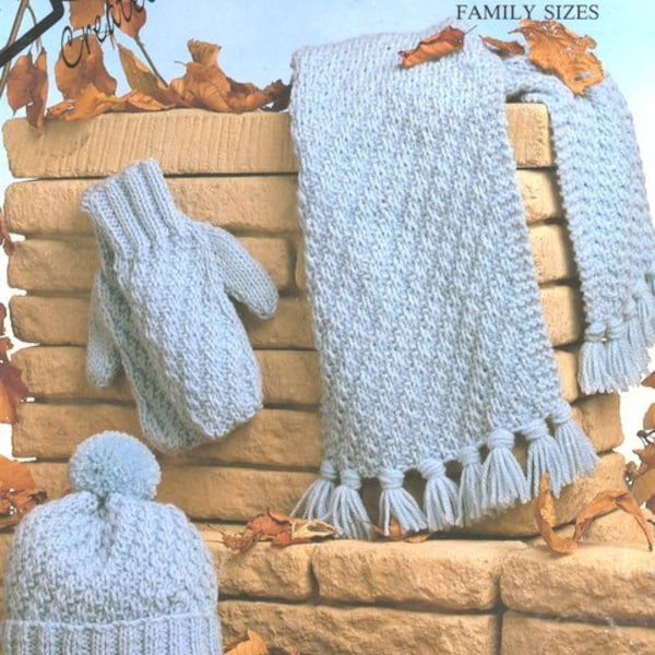 Easy Chunky Textured Scarf Mitts & Bobble Hat Sizes For All The Family ~ Chunky Bulky 12 Ply  Knitting Pattern PDF Instant download