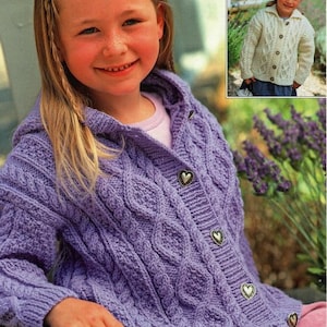 Childs Aran Jacket Hood or Collar Round Neck Drop Sleeve Boys Girls  22-32" Aran 10 Ply Worsted Knitting Pattern pdf Instant Download