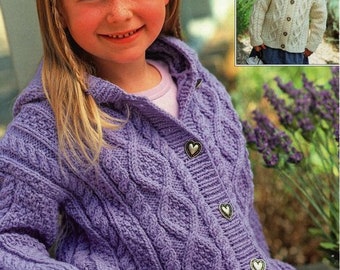 Childs Aran Jacket Hood or Collar Round Neck Drop Sleeve Boys Girls  22-32" Aran 10 Ply Worsted Knitting Pattern pdf Instant Download