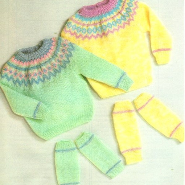 Baby Sweaters Round Neck Fair Isle Yoke Neck Opening & Legwarmers Boys Girls 18 - 22" DK 8 Ply Light Worsted  Knitting Pattern pdf  Download