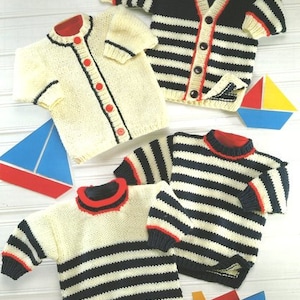 May include: Three knitted sweaters for babies in white and blue stripes with red accents. The sweaters are laid out on a white wooden surface.  "Easy to Knit" is written in the top right corner of the image.